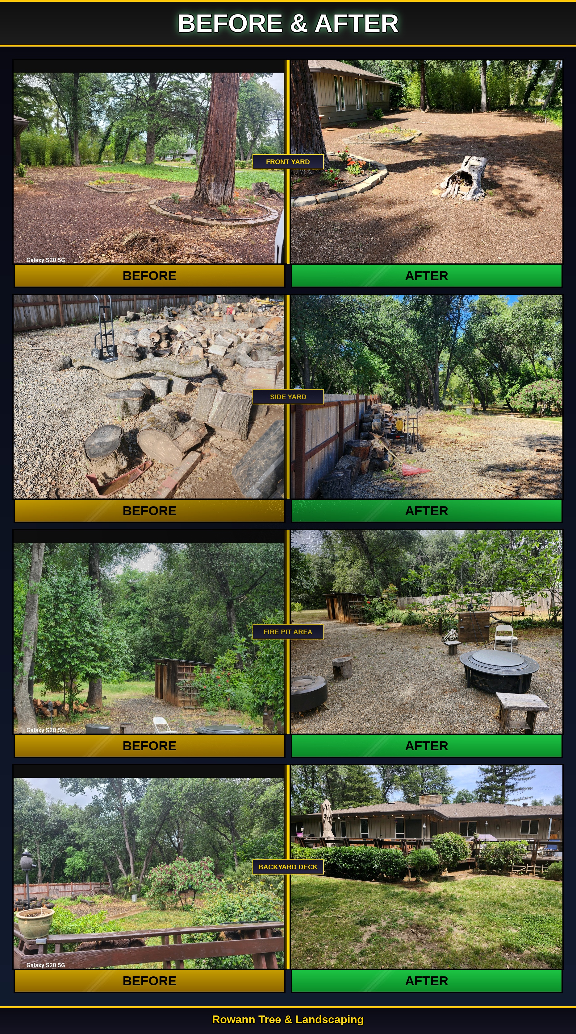 Before and after property cleanup - front yard, side yard, fire pit area, backyard deck transformation in Shasta County CA by Rowann Tree Landscaping